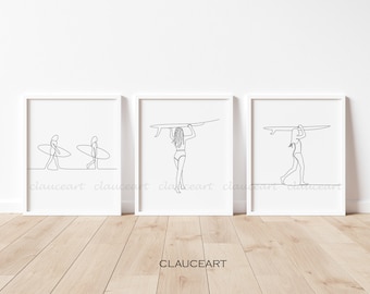 Minimalista Surf Wall Art Set di 3 stampe, set di stampa bundle, Surf Line Art, Pacchetto minimalista moderno, Surf Graphic Print Art, Surf Decor