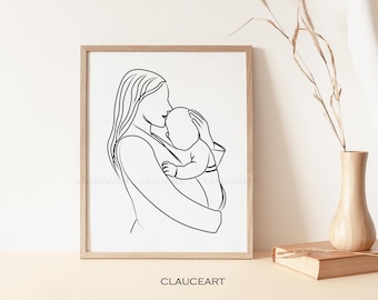 Impresión artística de mamá y bebé, arte de pared para guardería, regalo para baby shower, dibujo lineal de madre y bebé, regalo para el día de la madre, arte de una línea