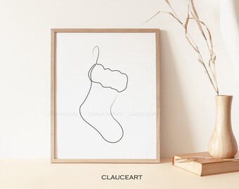 Christmas Stocking Line Art, Minimal Christmas Wall Art, Christmas Wall Decor, Holiday Decor, Winter Art Print, One Line Drawing