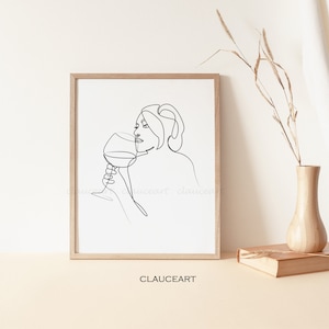 Minimalist Wall Art, Wine Line Drawing, Wine Woman Line Art, Minimalist Wine Lover Art, Printable Wall Art, Home Decor