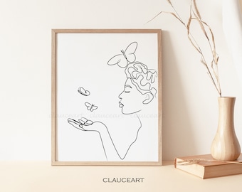 Arte de línea de mujer afroamericana, Arte de mujer afroamericana, Dibujo de línea de mujer negra, Arte de mujer negra, Arte de pared minimalista, Arte de pared imprimible