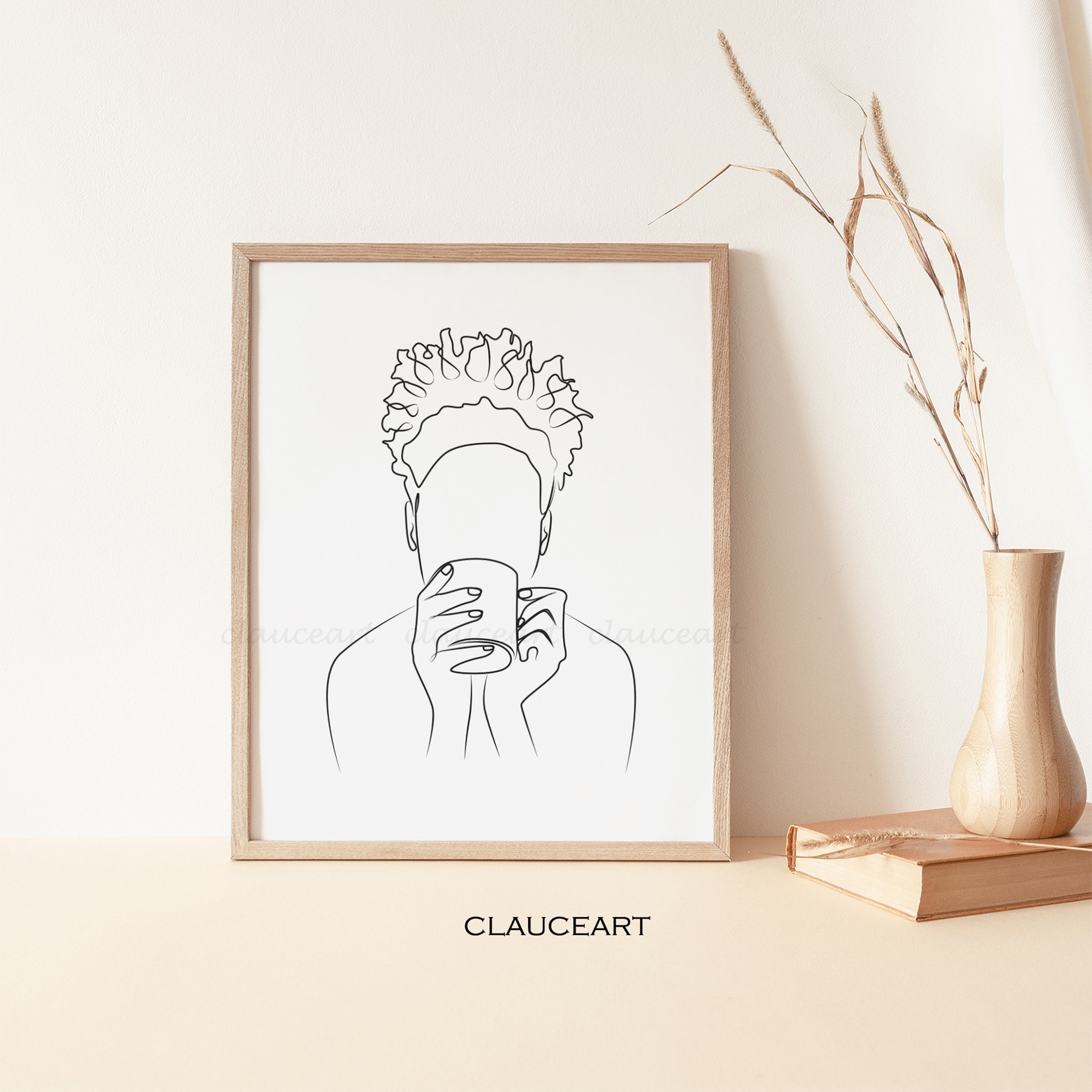 Afro American Woman Art, Black Woman Line Drawing, Woman Drink Art, African American Woman Line Art, Minimalist Wall Art, Coffee Art Print