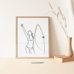 Surf Art Print, Surfboard Wall Art, Surfing Decor, Printable Wall Art, Single Line Drawing, Surf One Line Art, Minimalist Wall Art