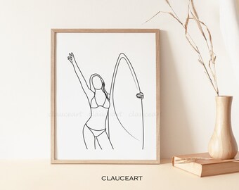 Surf Art Print, Surfboard Wall Art, Surfing Decor, Printable Wall Art, Single Line Drawing, Surf One Line Art, Minimalist Wall Art