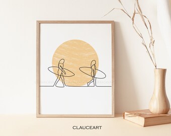 Surf with the Moon Art, Surf Line Art, Surfboard Art, Minimalist Wall Art, Printable Wall Art, Surf Art Prints, One Line Drawing, Line Art