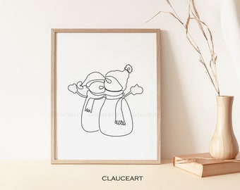 Snowman Line Art, Snowman Couple Art, Winter Art Print, Holiday Printable Wall Art, Minimal Christmas Wall Decor, One Line Drawing