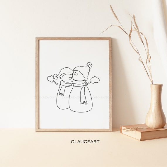 Snowman Line Art, Snowman Couple Art, Winter Art Print, Holiday Printable Wall Art, Minimal Christmas Wall Decor, One Line Drawing