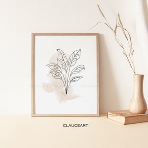 Botanical Line Drawing, Boho Line Art, Leaf Printable Wall Art, Minimalist Wall Art, One Line Art Print, Tropical Art Print