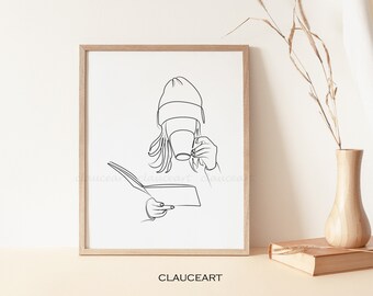 Woman Drink Coffee Line Art, Woman Reading Book Art, Coffee Art Print, Book Art Print, Coffee Lovers Gift, Minimalist Wall Art, Book Lovers