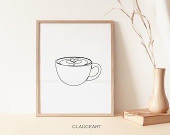 Coffee One Line Art Print, Coffee Line Drawing, Kitchen Wall Décor, Minimalist Wall Art, Printable Wall Art, Coffee Art
