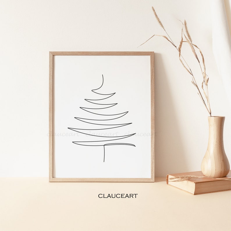 May include: A minimalist line drawing of a pine tree in a light wood frame. The drawing is on a white background. The frame is on a light beige surface. The word "CLAUCEART" is printed below the frame.