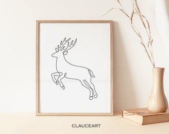 Minimal Deer Line Art, Christmas Deer Wall Art, Animal Art Print, One Line Drawing, Reindeer Printable Wall Art