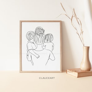 Arte mural de madre e hijos, arte lineal para niños, regalo del día de la madre, impresión artística de madre e hijo, regalo para mamá, póster de maternidad