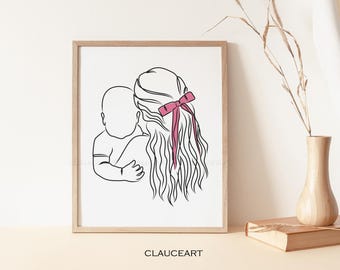 Mamma och bebis linjeteckning, moderskapsaffisch, barnrumslinjeteckning, mors dag-present, babyshower-present, mor och barn-konst