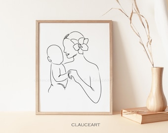 Impresión artística de madre sosteniendo a su bebé, dibujo lineal de madre y bebé, arte lineal de mamá y bebé, regalo del Día de la Madre, decoración de pared para guardería