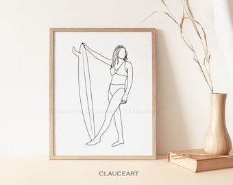 Surf Dekor, Surfboard Kunstdruck, Surf Wall Art, minimalistische Wandkunst, druckbare Wandkunst, Single Line Zeichnung