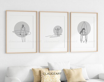 Surf Wall Art Set di 3 stampe, Surf Line Art con cerchio grigio, Surf Art Print, Minimalist Wall Art, Minimalist Bundle Print Set, Surf Décor