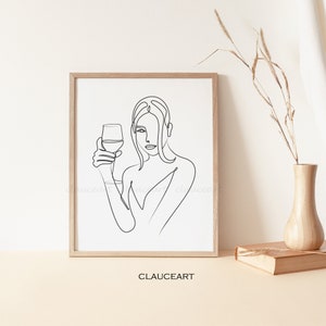 Wine Woman Line Art, Minimalist Wall Art, Wine Glass, Single Line Drawing, Printable Wall Art, Minimalist Wine Lover Art