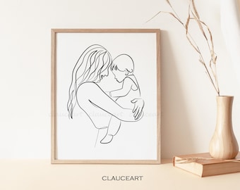 Arte lineal de madre y bebé, regalo del día de la madre, impresión artística de maternidad, arte de pared para guardería, dibujo lineal de madre, impresión artística de bebé