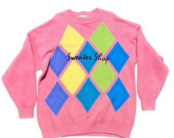 Maglione Argyle anni '90 di 90 Sweater Shop: Maglia oversize rosa corallo, taglia unica