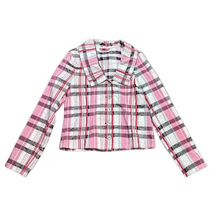 Chaqueta Tuzzi a cuadros arrugada de los años 90 / Blazer entallado rosa, gris y blanco, talla 12