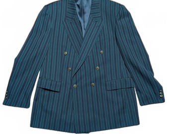Mens 1980s Vintage Navy & Green Pinstripe Double Breasted Blazer Size Large