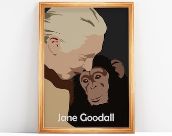 May include: A black and white illustration of Jane Goodall, a primatologist, with a chimpanzee. The text "Jane Goodall" is below the image.