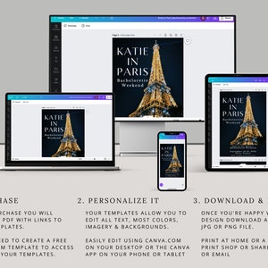 Może przedstawiać: Cyfrowy szablon zaproszenia wyświetlany na laptopie, komputerze stacjonarnym, tablecie i smartfonie. Zaproszenie zawiera tekst "KATIE IN PARIS Bachelorette Weekend" ze zdjęciem Wieży Eiffla. Pokazano r&oacute;wnież instrukcje użytkowania.