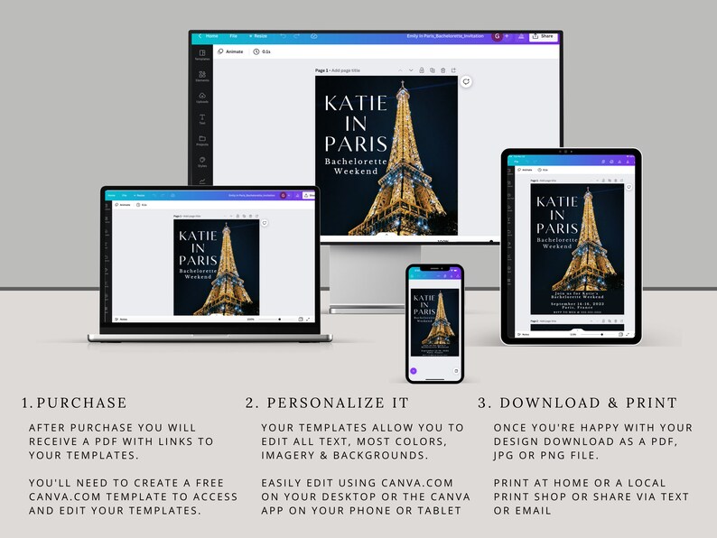 Może przedstawiać: Cyfrowy szablon zaproszenia wyświetlany na laptopie, komputerze stacjonarnym, tablecie i smartfonie. Zaproszenie zawiera tekst "KATIE IN PARIS Bachelorette Weekend" ze zdjęciem Wieży Eiffla. Pokazano r&oacute;wnież instrukcje użytkowania.