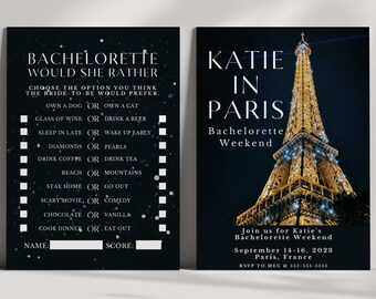Night In Paris Bachelorette Invitation Bundle: Games and Itinerary (Canva Template)