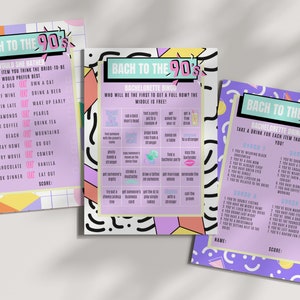 May include: Three printable game cards with a 90s theme. The cards are purple, pink, and blue with black outlines. The first card is a "Would She Rather" game with a list of choices. The second card is a "Bachelorette Bingo" game with a grid of squares. The third card is a "Bachelorette Drink If" game with a list of prompts.
