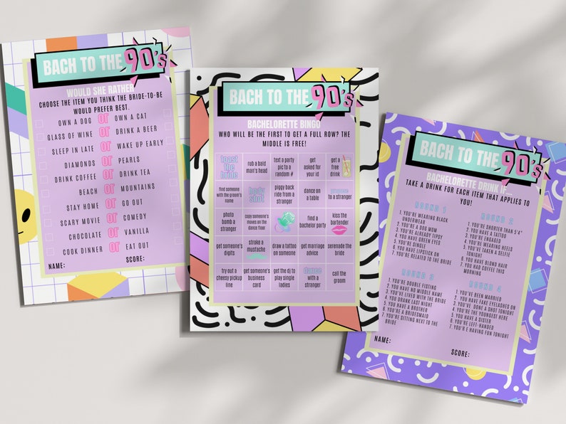 May include: Three printable game cards with a 90s theme. The cards are purple, pink, and blue with black outlines. The first card is a "Would She Rather" game with a list of choices. The second card is a "Bachelorette Bingo" game with a grid of squares. The third card is a "Bachelorette Drink If" game with a list of prompts.