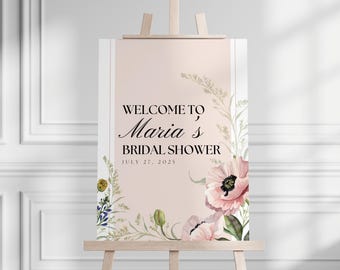 Floral Bridal Shower Welcome Sign: Pink Bubbles & Blossoms Theme (Canva Template, 18x24", 24x36")