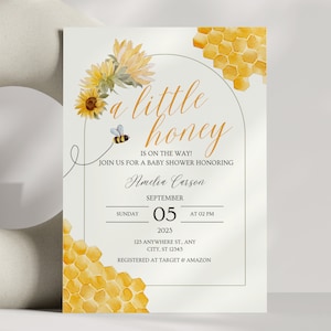A Little Honey Baby Shower Invitation | Honey Bee Baby Spring Baby Shower Invite | Sunflower Mother to Be Theme | Digital Canva Template