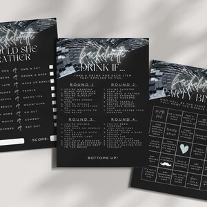 May include: Three black and white printable bachelorette party game cards with a disco ball background. The first card is a "Would She Rather" game with a list of choices. The second card is a "Drink If..." game with four rounds of prompts. The third card is a "Party Bingo" game with a grid of squares and prompts like "Get a body shot" and "Find someone with the same name as the bride".