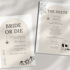 Op de afbeelding: Een 'Bride or Die' vrijgezellenfeest uitnodiging met een zwarte spin en vleermuis illustratie. De uitnodiging bevat het schema voor het weekend met activiteiten zoals wijnproeverijen en een zelfgemaakte pizza- en wijn avond. De tekst op de uitnodiging luidt 'Bride or Die' en 'Sluit je aan bij ons voor een vrijgezellenweekend ter ere van Madison'.