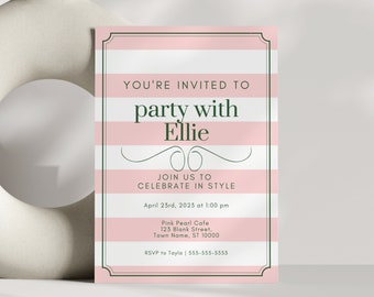 Pink Princess Birthday Invitation: Striped Tea Party (Digital Canva Template)