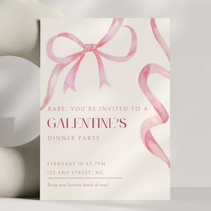 Galentine&#39;s Day Dinner Party Invitation Template | Valentine&#39;s Girls Night Coquette Invite | Girls Night Dinner Bow Ribbon Canva Template
