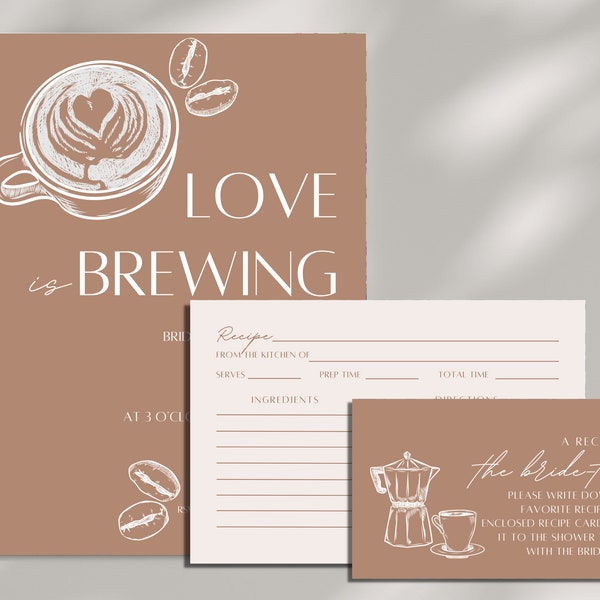 Love is Brewing Bridal Shower Invitation and Recipe Card Template | Coffee and Espresso Invite and Recipe Print & Mobile Download