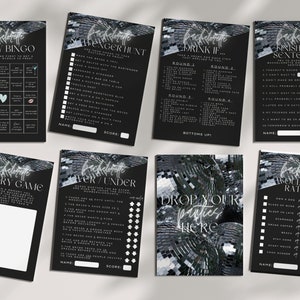 May include: A set of ten printable bachelorette party game cards with a black background and silver glitter accents. The games include "Party Bingo", "Scavenger Hunt", "Drink If", "Finish the Sentence", "Memory Game", "Over/Under", "Drop Your Panties Here", and "Would She Rather".