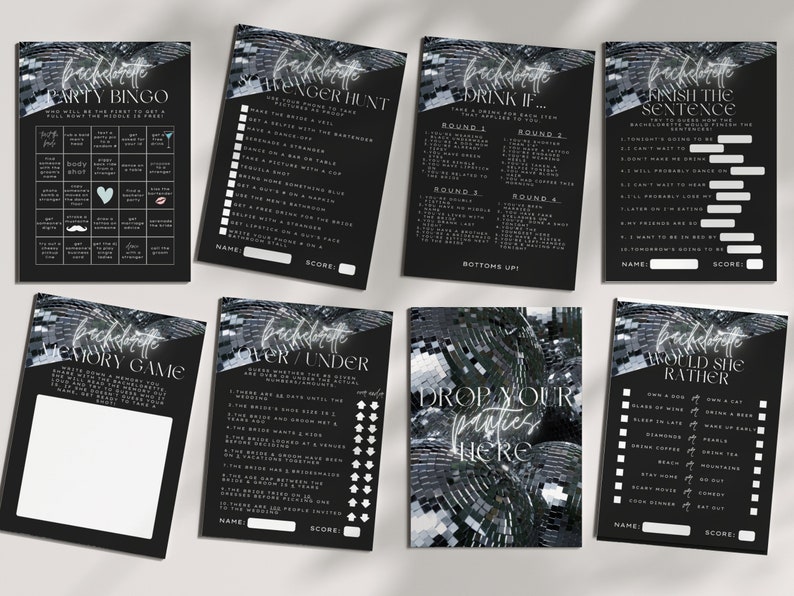 May include: A set of ten printable bachelorette party game cards with a black background and silver glitter accents. The games include "Party Bingo", "Scavenger Hunt", "Drink If", "Finish the Sentence", "Memory Game", "Over/Under", "Drop Your Panties Here", and "Would She Rather".