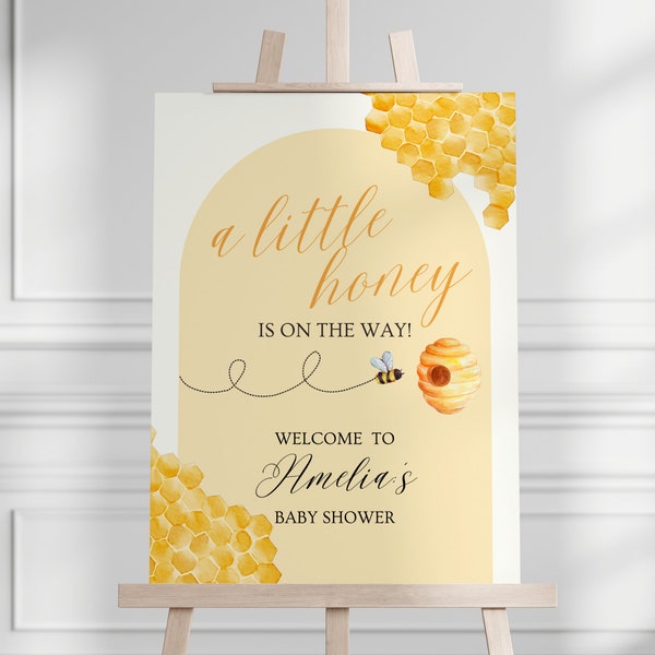 A Little Honey Baby Shower Welcome Sign | Honey Bee Baby Shower Decorations | Sunflower Baby Shower Theme Digital Canva Sign Template