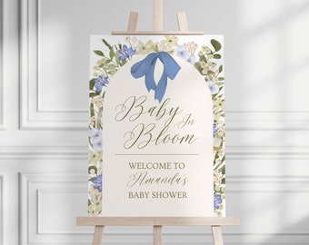 Blue Floral Baby Shower Welcome Sign: Spring Blooms (Digital Download)
