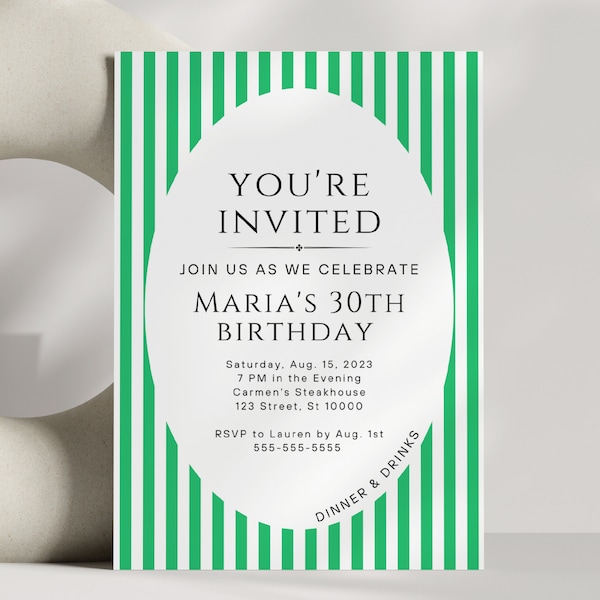 Summer Stripes Birthday Party Invitation Template | Classic Stripe Birthday & Sweet 16 Party Customizable Invite | Simple Preppy Party Theme