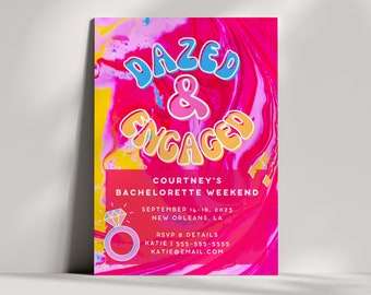 Dazed and Engaged Bachelorette Invitation Template | Retro Bachelorette Invite & Weekend Itinerary | 70s Hippie Tie Die Custom Canva Print