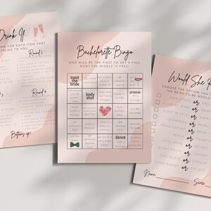 Può includere: Tre schede di gioco per addio al nubilato stampabili con sfondi rosa e bianchi. La prima scheda è un gioco "Bevi se..." con un elenco di prompt. La seconda scheda è un gioco "Bachelorette Bingo" con una griglia di caselle e prompt. La terza scheda è un gioco "Preferirebbe" con un elenco di prompt.