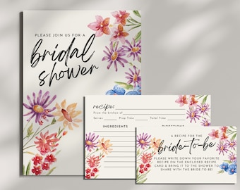 Wildflowers Bridal Shower Invitation and Recipe Card Template | Spring Shower Invite Print & Mobile Download
