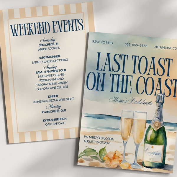 Last Toast on the Coast Bachelorette Invitation & Itinerary Template | Bach Weekend Invite | Coastal Cowgirl | Coastal Grandmother Invite