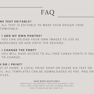 May include: A frequently asked questions (FAQ) section with answers about text editing, adding photos, changing fonts, and printing. The text includes the phrase "Have more questions?"