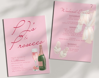 PJs and Prosecco Bachelorette Invitation Template | Champagne Wine Girls Night Spa Bachelorette Invite & Weekend Itinerary | Canva Template